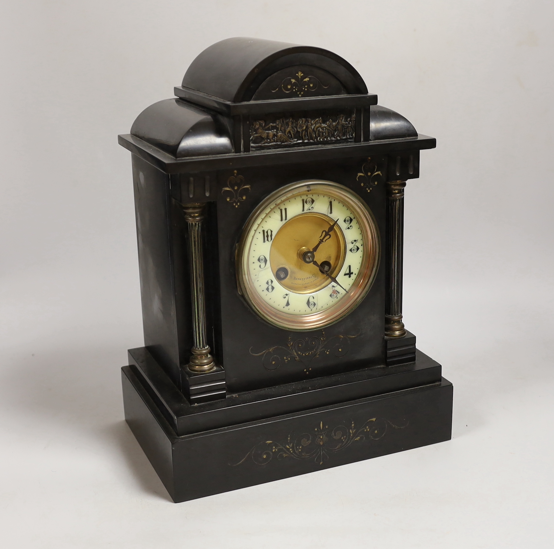 A Victorian slate mantel clock, French movement striking on a gong, dial signed Benetfink, 24cm wide